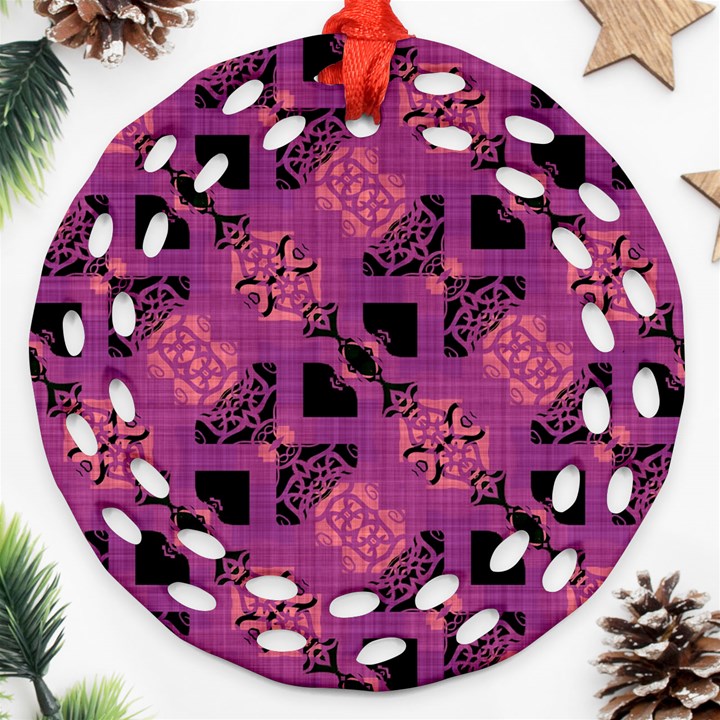 Fuchsia Black Abstract Checkered Stripes  Ornament (Round Filigree)