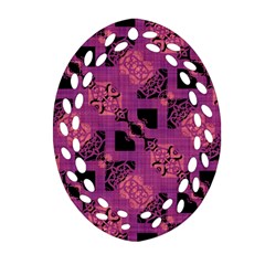 Fuchsia Black Abstract Checkered Stripes  Ornament (oval Filigree) by SpinnyChairDesigns