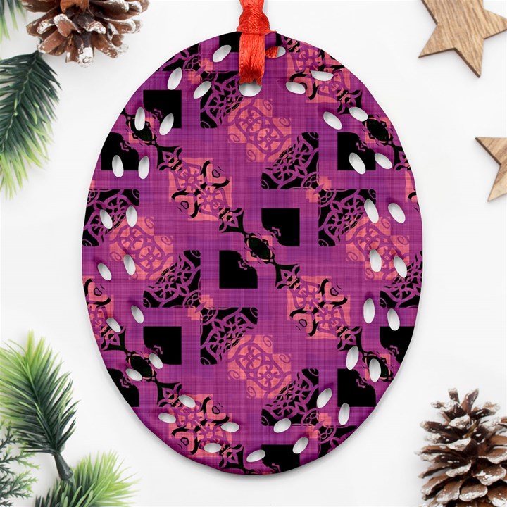 Fuchsia Black Abstract Checkered Stripes  Ornament (Oval Filigree)