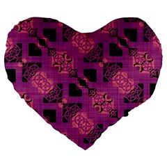 Fuchsia Black Abstract Checkered Stripes  Large 19  Premium Heart Shape Cushions by SpinnyChairDesigns