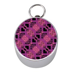 Fuchsia Black Abstract Checkered Stripes  Mini Silver Compasses by SpinnyChairDesigns