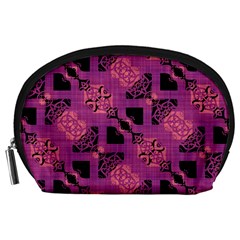 Fuchsia Black Abstract Checkered Stripes  Accessory Pouch (large) by SpinnyChairDesigns