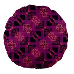 Fuchsia Black Abstract Checkered Stripes  Large 18  Premium Flano Round Cushions by SpinnyChairDesigns