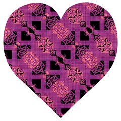 Fuchsia Black Abstract Checkered Stripes  Wooden Puzzle Heart