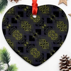 Grey Green Black Abstract Checkered Stripes Ornament (heart) by SpinnyChairDesigns