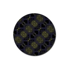 Grey Green Black Abstract Checkered Stripes Rubber Coaster (round)  by SpinnyChairDesigns