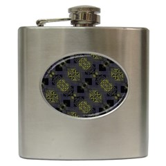 Grey Green Black Abstract Checkered Stripes Hip Flask (6 Oz) by SpinnyChairDesigns