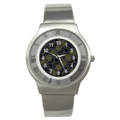 Grey Green Black Abstract Checkered Stripes Stainless Steel Watch