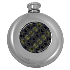 Grey Green Black Abstract Checkered Stripes Round Hip Flask (5 Oz) by SpinnyChairDesigns