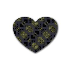 Grey Green Black Abstract Checkered Stripes Rubber Coaster (heart)  by SpinnyChairDesigns