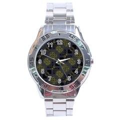 Grey Green Black Abstract Checkered Stripes Stainless Steel Analogue Watch by SpinnyChairDesigns