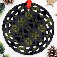 Grey Green Black Abstract Checkered Stripes Round Filigree Ornament (two Sides) by SpinnyChairDesigns