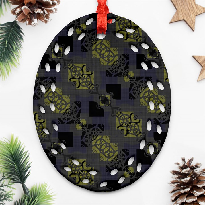 Grey Green Black Abstract Checkered Stripes Ornament (Oval Filigree)