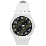 Grey Green Black Abstract Checkered Stripes Round Plastic Sport Watch (M) Front