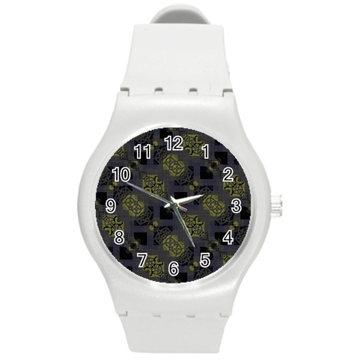 Grey Green Black Abstract Checkered Stripes Round Plastic Sport Watch (M)