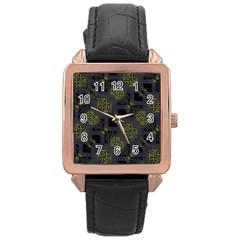 Grey Green Black Abstract Checkered Stripes Rose Gold Leather Watch  by SpinnyChairDesigns