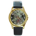 Black Green Grey Abstract Art Marble Texture Round Gold Metal Watch Front