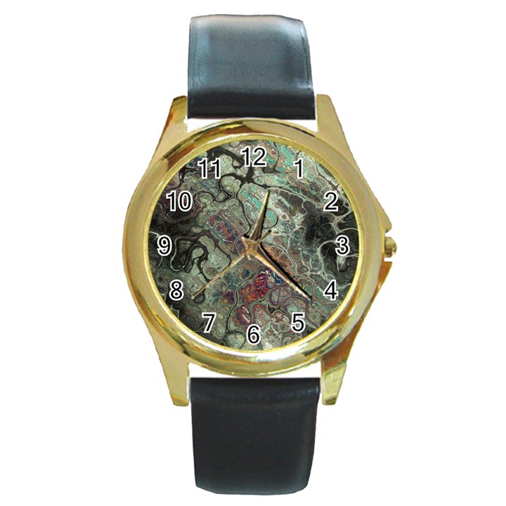 Black Green Grey Abstract Art Marble Texture Round Gold Metal Watch