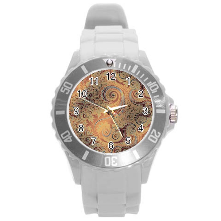 Terra Cotta Persian Orange Spirals Swirls Pattern Round Plastic Sport Watch (L)