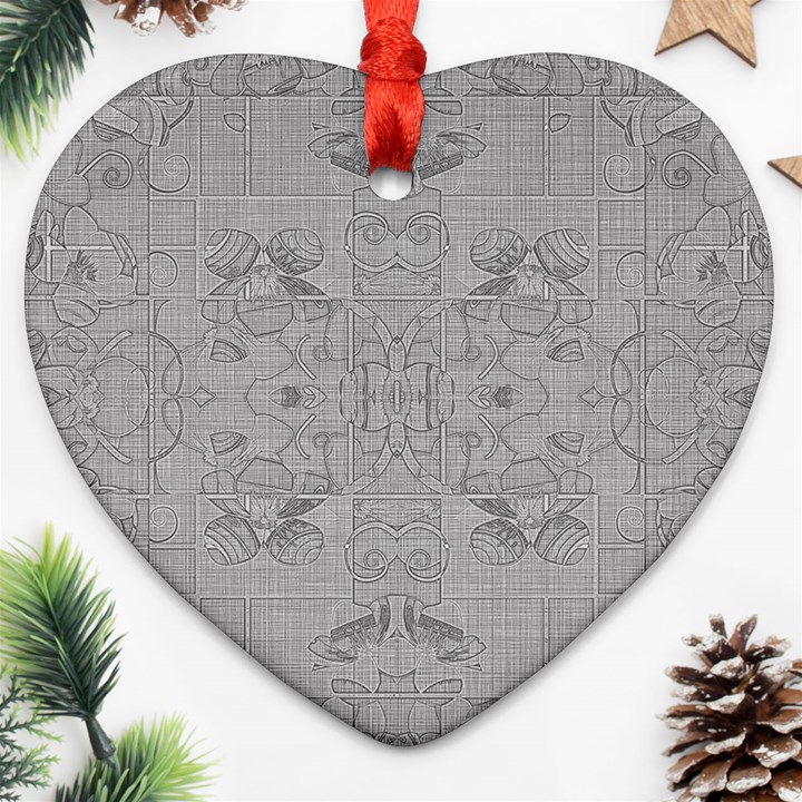 Silver Grey Decorative Floral Pattern Heart Ornament (Two Sides)