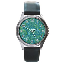 Abstract Blue Green Jungle Paisley Round Metal Watch by SpinnyChairDesigns