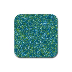 Abstract Blue Green Jungle Paisley Rubber Square Coaster (4 Pack)  by SpinnyChairDesigns