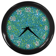 Abstract Blue Green Jungle Paisley Wall Clock (black) by SpinnyChairDesigns