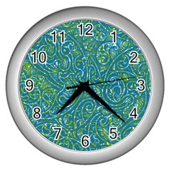 Abstract Blue Green Jungle Paisley Wall Clock (silver) by SpinnyChairDesigns