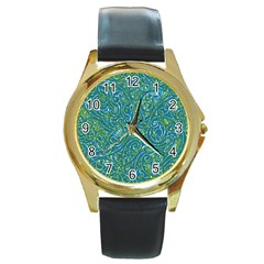 Abstract Blue Green Jungle Paisley Round Gold Metal Watch by SpinnyChairDesigns