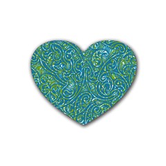 Abstract Blue Green Jungle Paisley Rubber Coaster (heart)  by SpinnyChairDesigns