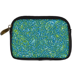 Abstract Blue Green Jungle Paisley Digital Camera Leather Case by SpinnyChairDesigns