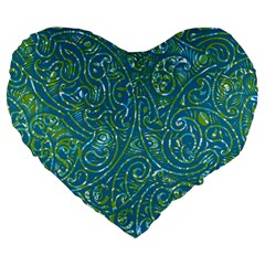 Abstract Blue Green Jungle Paisley Large 19  Premium Flano Heart Shape Cushions by SpinnyChairDesigns