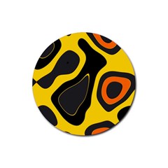 Yellow Black Orange Abstract Art Pattern Rubber Coaster (round)  by SpinnyChairDesigns