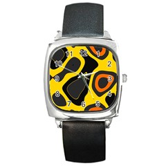 Yellow Black Orange Abstract Art Pattern Square Metal Watch by SpinnyChairDesigns