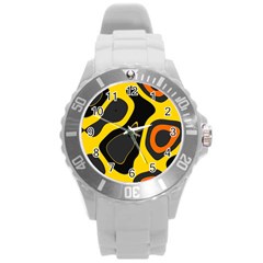 Yellow Black Orange Abstract Art Pattern Round Plastic Sport Watch (l) by SpinnyChairDesigns