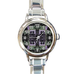 Chive Purple Black Abstract Art Pattern Round Italian Charm Watch by SpinnyChairDesigns