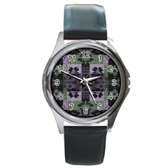 Chive Purple Black Abstract Art Pattern Round Metal Watch by SpinnyChairDesigns