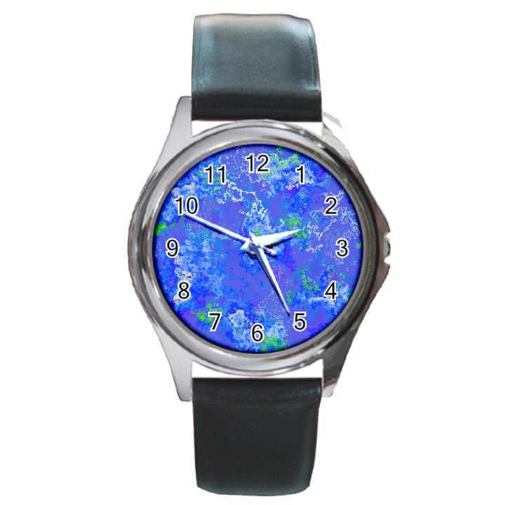 Bright Blue Paint Splatters Round Metal Watch