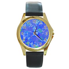 Bright Blue Paint Splatters Round Gold Metal Watch by SpinnyChairDesigns