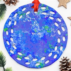 Bright Blue Paint Splatters Ornament (round Filigree) by SpinnyChairDesigns