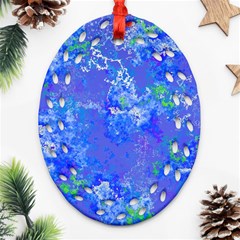 Bright Blue Paint Splatters Ornament (oval Filigree) by SpinnyChairDesigns