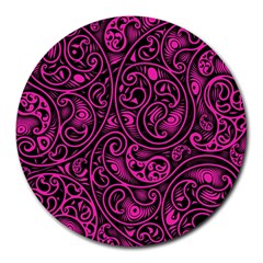 Hot Pink And Black Paisley Swirls Round Mousepads by SpinnyChairDesigns