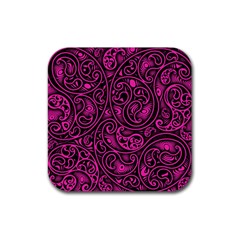 Hot Pink And Black Paisley Swirls Rubber Coaster (square)  by SpinnyChairDesigns