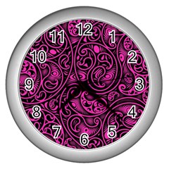 Hot Pink And Black Paisley Swirls Wall Clock (silver) by SpinnyChairDesigns