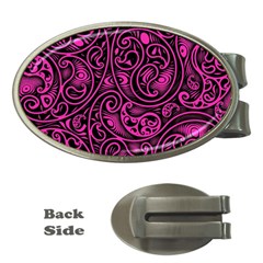 Hot Pink And Black Paisley Swirls Money Clips (oval)  by SpinnyChairDesigns