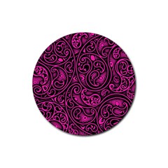 Hot Pink And Black Paisley Swirls Rubber Coaster (round)  by SpinnyChairDesigns