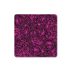 Hot Pink And Black Paisley Swirls Square Magnet by SpinnyChairDesigns