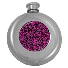 Hot Pink And Black Paisley Swirls Round Hip Flask (5 Oz) by SpinnyChairDesigns