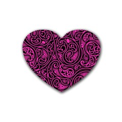 Hot Pink And Black Paisley Swirls Rubber Coaster (heart)  by SpinnyChairDesigns