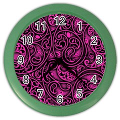 Hot Pink And Black Paisley Swirls Color Wall Clock by SpinnyChairDesigns